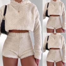 Sexy Long Sleeve Hooded Plush Crop Top + Shorts Two-piece Set
