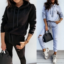 Fashion Solid Color Long Sleeve Hooded Ripped Sweatshirt + Pants Two-piece Set