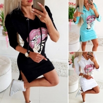 Fashion Long Sleeve Slit Hem Lip Printed Hooded Sweatshirt Dress
