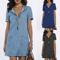 Fashion Short Sleeve V-neck Front-pocket Denim Dress