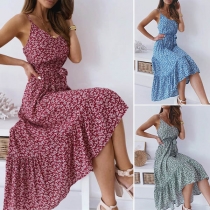 Sexy Backless V-neck Ruffle Hem Printed Sling Dress
