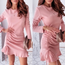 Sweet Style Long Sleeve Round Neck Ruffle Hem Solid Color Dress
