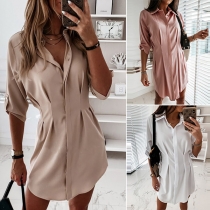 Fashion Solid Color Long Sleeve POLO Collar Shirt Dress