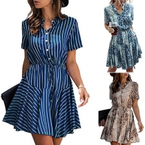 Fashion Short Sleeve Stand Collar High Waist Printed Dress