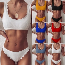Sexy Low-waist Wavy-edge Solid Color Bikini Set
