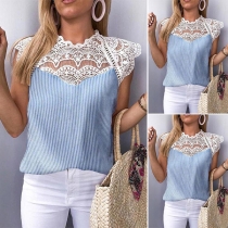 Fashion Lace Spliced Sleeveless Round Neck Striped Top