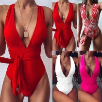 Sexy Backless Deep V-neck One-piece Swimsuit