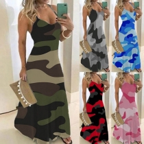 Sexy Backless V-neck Camouflage Printed Sling Dress