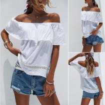 Sexy Off-shoulder Ruffle Boat Neck Solid Color Top