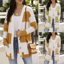 Fashion Contrast Color Long Sleeve V-neck Single-breasted Knit Cardigan