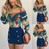 Sexy Off-shoulder Boat Neck Long Sleeve Contrast Color Printed Top