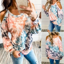 Sexy Off-shoulder Long Sleeve Round Neck Tie-dye Printed T-shirt