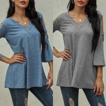 Fashion Hollow Out 3/4 Trumpet Sleeve V-neck Solid Color T-shirt