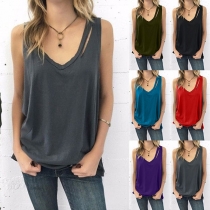 Fashion Solid Color Sleeveless V-neck Ripped T-shirt