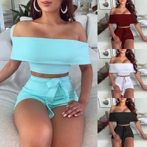 Sexy Off-shoulder Boat Neck Crop Top + Shorts Two-piece Set