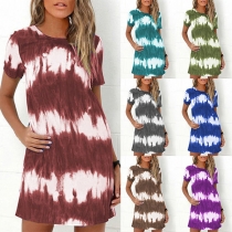 Fashion Short Sleeve Round Neck Tie-dye Printed Dress