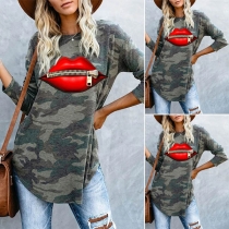 Fashion Red-lip Camouflage Printed Long Sleeve Round Neck T-shirt