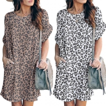 Fashion Leopard Printed Short Sleeve Round Neck Loose Dress