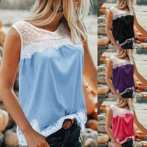 Fashion Lace Spliced Sleeveless Round Neck Top