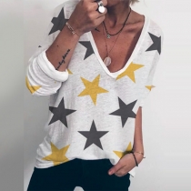 Fashion Long Sleeve V-neck Star Printed Knit Top