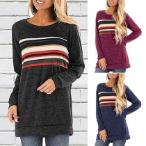 Fashion Contrast Color Long Sleeve Round Neck T-shirt