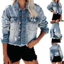 Fashion Long Sleeve POLO Collar Frayed Hem Ripped Denim Coat