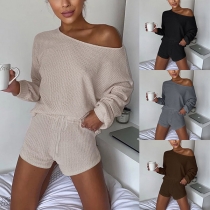 Fashion Solid Color Long Sleeve Knit Top + Shorts two-piece Set
