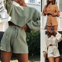Fashion Solid Color Lantern Sleeve Knit Top+ Shorts Two-piece Set