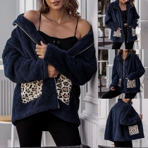 Fashion Leopard Spliced Long Sleeve Stand Collar Plush Coat