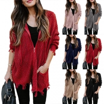 Fashion Solid Color Long Sleeve Hooded Knit Cardigan