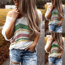 Fashion Short Sleeve V-neck Loose Striped Knit Top