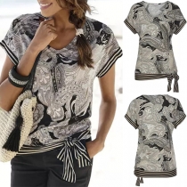 Fashion Short Sleeve V-neck Knotted Hem Printed T-shirt