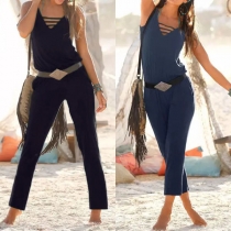 Sexy Backless Sleeveless V-neck High Waist Solid Color Jumpsuit(Without belt)