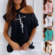 Sexy Off-shoulder Short Sleeve Letters Printed T-shirt