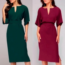 Elegant Solid Color Half Sleeve V-neck High Waist Slim Fit Dress