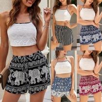 Sexy Backless Halter Crop Top + Printed Shorts Two-piece Set