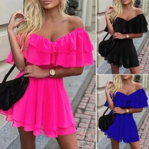 Sexy Off-shoulder Ruffle Boat Neck High Waist Solid Color Dress