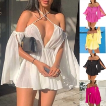 Sexy Off-shoulder V-neck Slit Long Sleeve High Waist Beach Dress