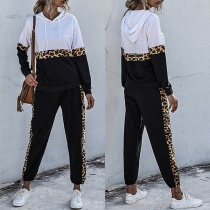 Fashion Leopard Spliced Long Sleeve Hooded Sweatshirt + Pants Two-piece Set