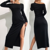 Sexy Oblique Shoulder Long Sleeve Slit Hem Solid Color Slim Fit Dress
