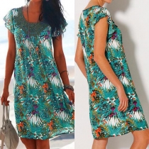 Fashion Short Sleeve Round Neck Lace Spliced Printed Dress