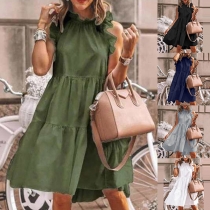 Fashion Solid Color Sleeveless Ruffle Stand Collar Loose Dress