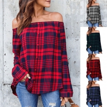 Sexy Off-shoulder Boat Neck Long Sleeve Plaid Top