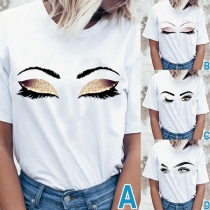 Cute Style Eyelash Printed Short Sleeve Round Neck T-shirt