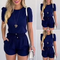 Fashion Solid Color Short Sleeve Round Neck Top + Shorts Two-piece Set