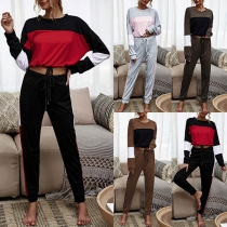 Fashion Contrast Color Long Sleeve Round Neck Sweatshirt + Pants Two-piece Set