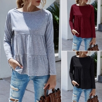Fashion Solid Color Long Sleeve Round Neck Loose T-shirt