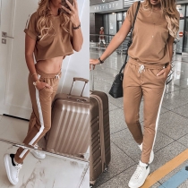 Fashion Contrast Color Short Sleeve Round Neck Top + Pants Two-piece Set