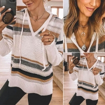 Fashion Long Sleeve V-neck Hooded Striped Knit Top