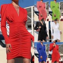 Sexy Deep V-neck Long Sleeve Solid Color Irregular Hem Slim Fit Dress